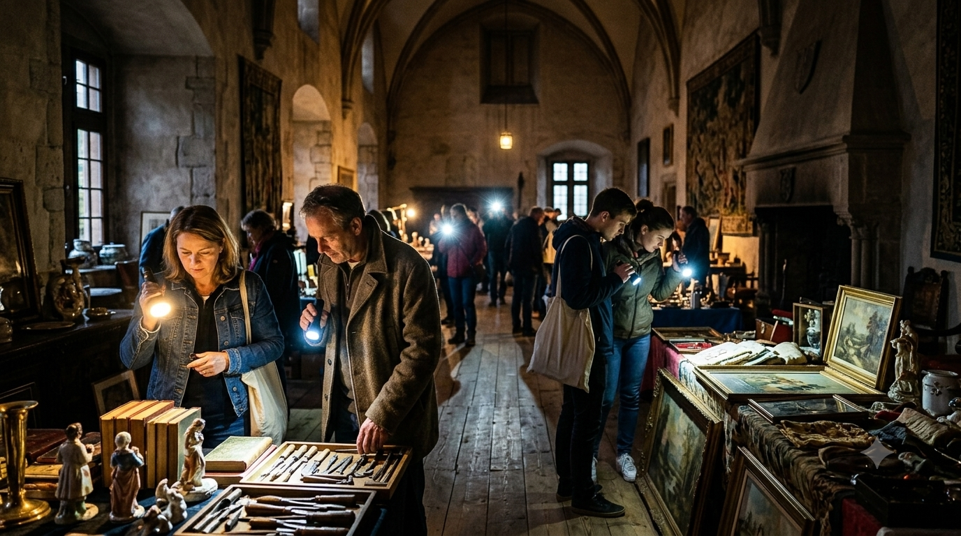 Nachtflohmarkt Schloss Beichlingen – Besucher mit Taschenlampen